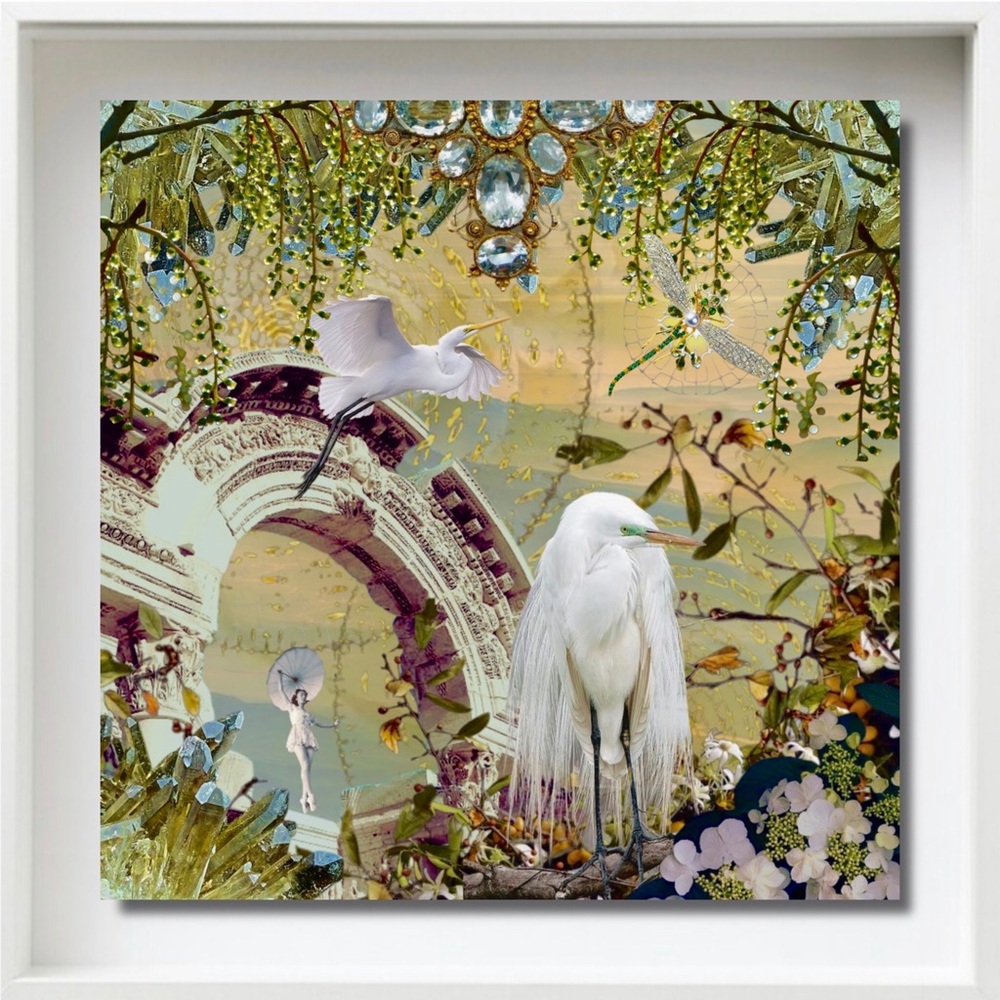 “Sanctuary” Fantastical Artwork on 8” SQ Glass Tile in Shadowbox Frame.